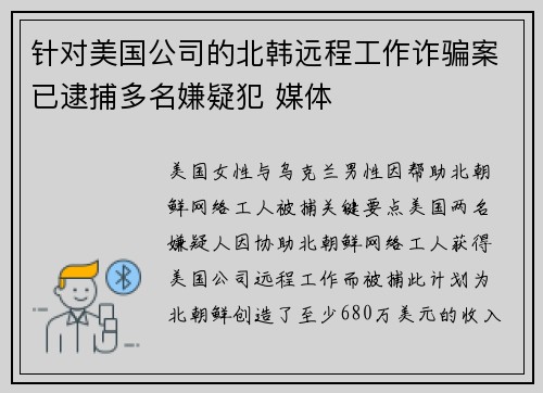 针对美国公司的北韩远程工作诈骗案已逮捕多名嫌疑犯 媒体